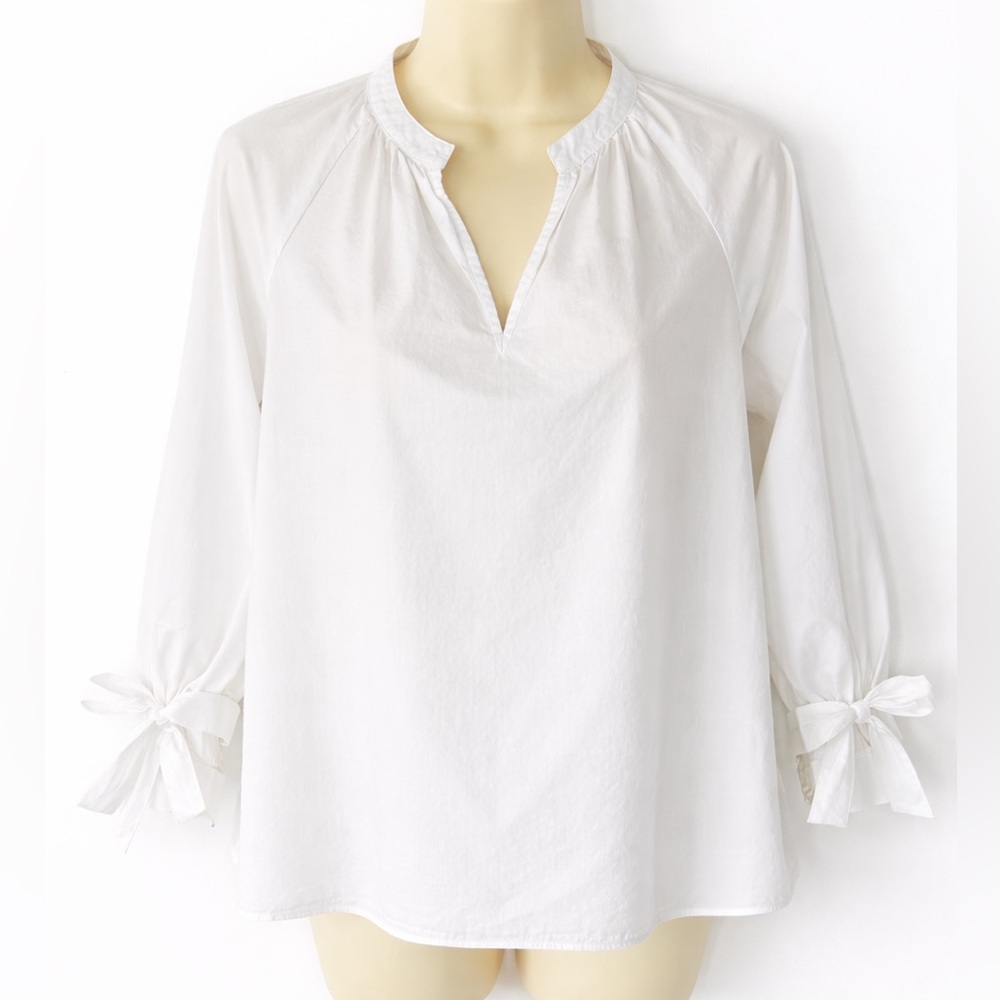 Madewell Tie-Cuff Popover Blouse White Split Neck Cotton Top Bow Sleeve XS